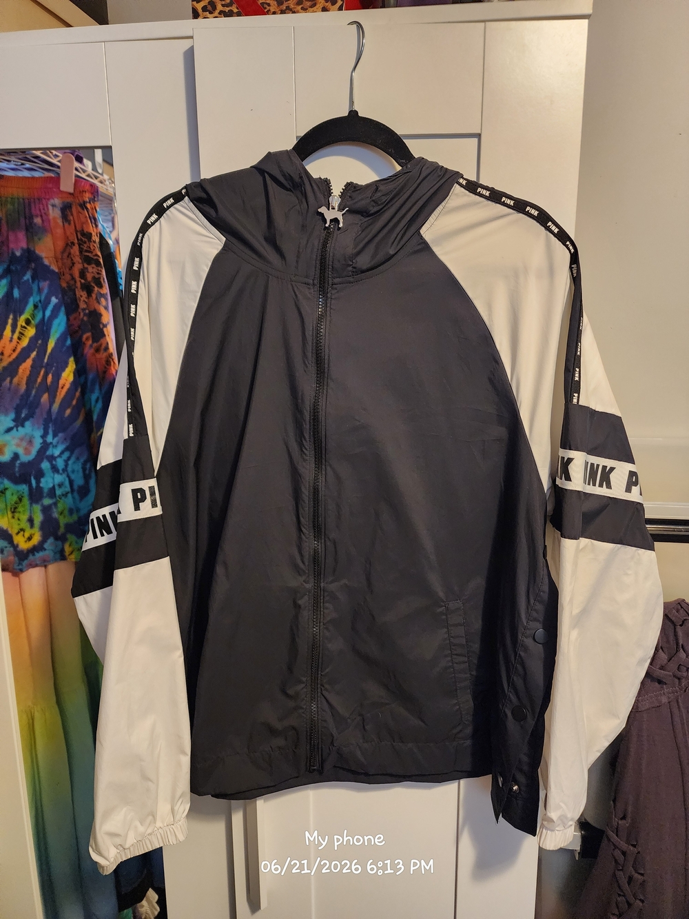 PINK Victoria's Secret Black and White Hooded Windbreaker